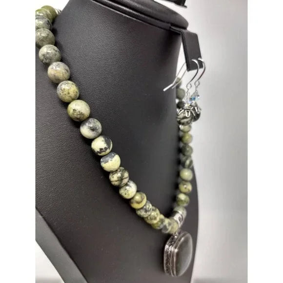 Shades of Green Serpentine Necklace and Earrings Focal Sterling Silver Pendant